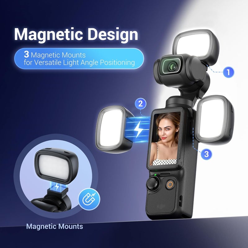 JJC 3 قطع ضوء مساعد مغناطيسي لجهاز DJI Osmo Pocket 3 وإكسسوارات Xtra Muse، ضوء LED صغير قابل لإعادة الشحن مع حامل وحقيبة تخزين، 3 أوضاع لون/سطوع قابل للتعديل لتسجيل سيلفي وفيديو مدونة - Image 3